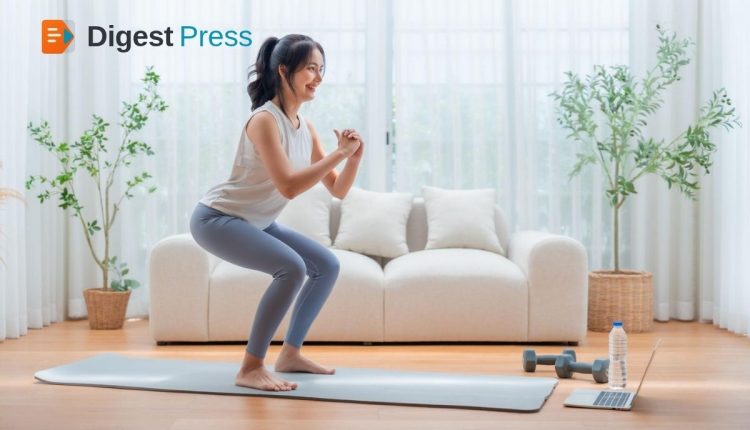 Person exercising on a mat in a home workout space.