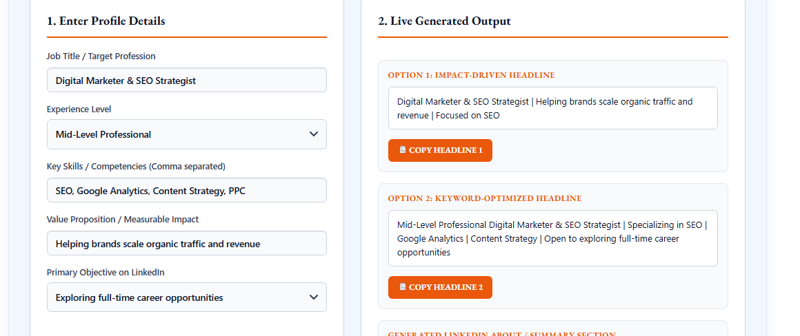 DigestPress LinkedIn headline and summary generator showing profession, experience level, skills, value proposition and headline output options