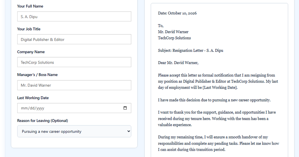 DigestPress Resignation Letter Generator Interface