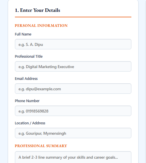Online CV Builder form showing personal information, professional summary, work